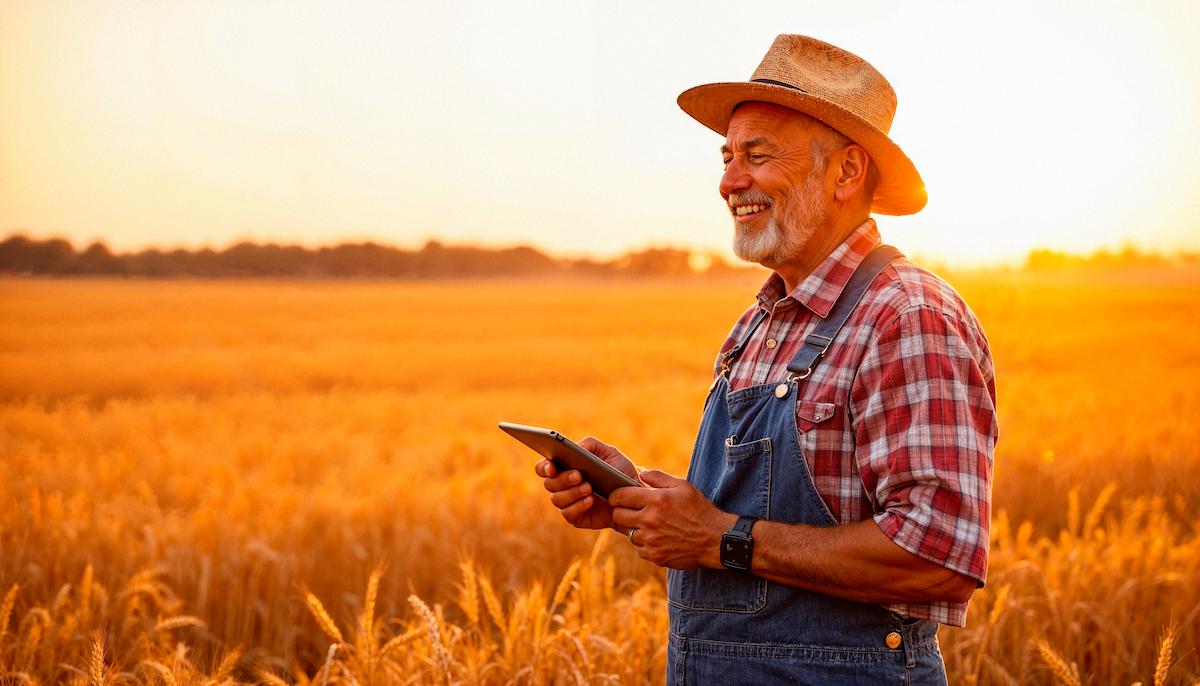 Homem feliz após comprar uma fazenda em leilão.